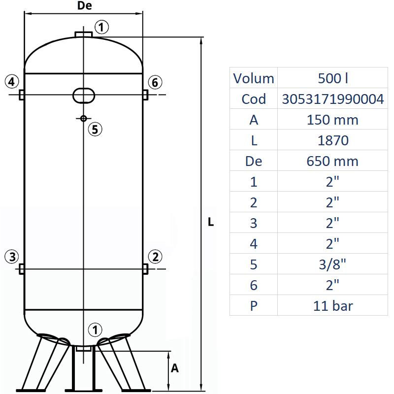 Rezervor de aer 500 l, vertical, 11bar, zincat, Made in Italy