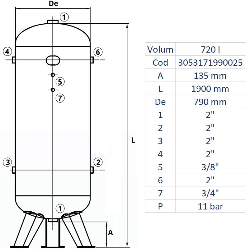 Rezervor de aer 720 l, vertical, 11bar, zincat, Made in Italy