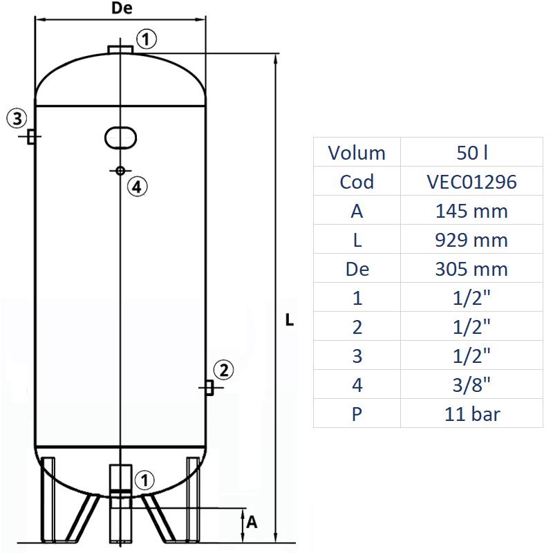 Rezervor de aer 50 l, vertical, 11bar, vopsit, Made in Italy