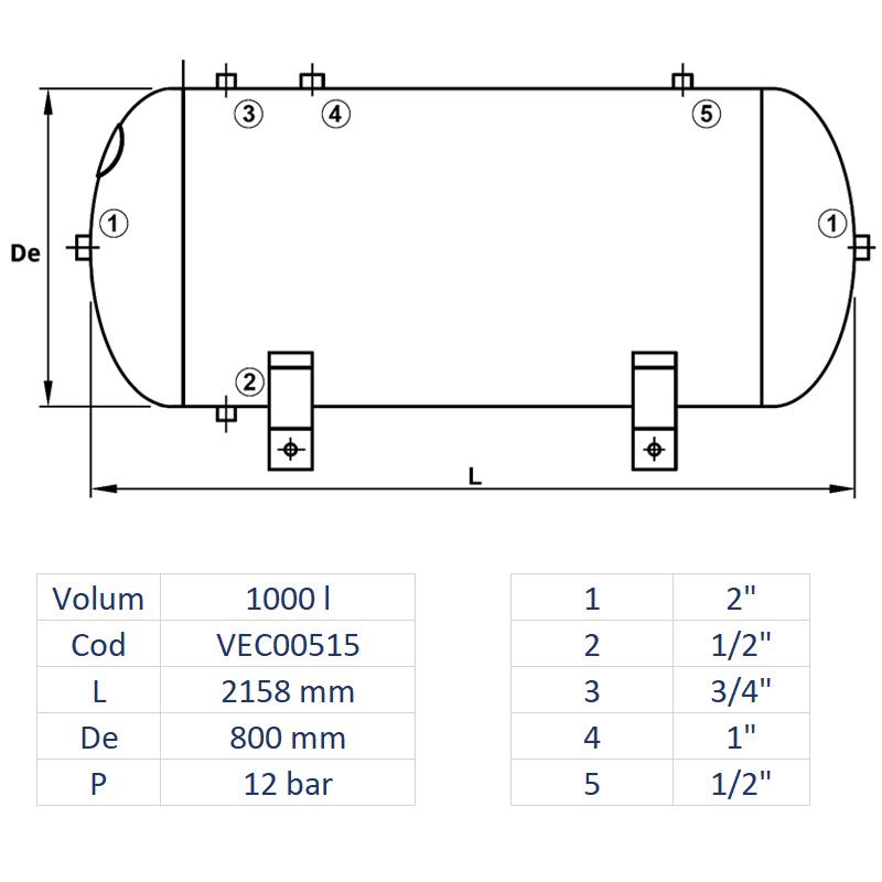 Rezervor de aer 1000 l, orizontal, 12bar, vopsit, Made in Italy