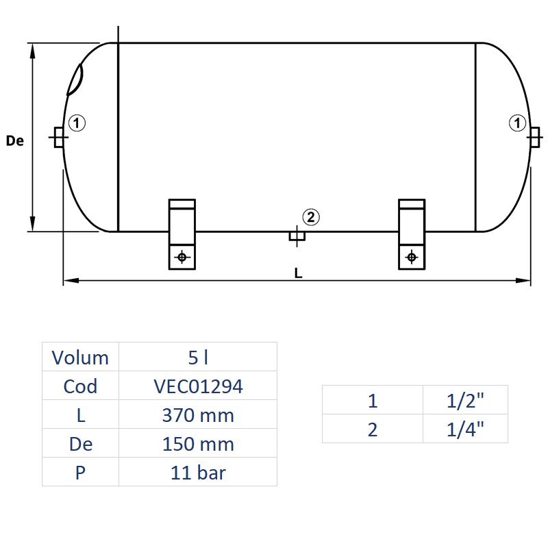 Rezervor de aer 5 l, orizontal, 11bar, vopsit, Made in Italy