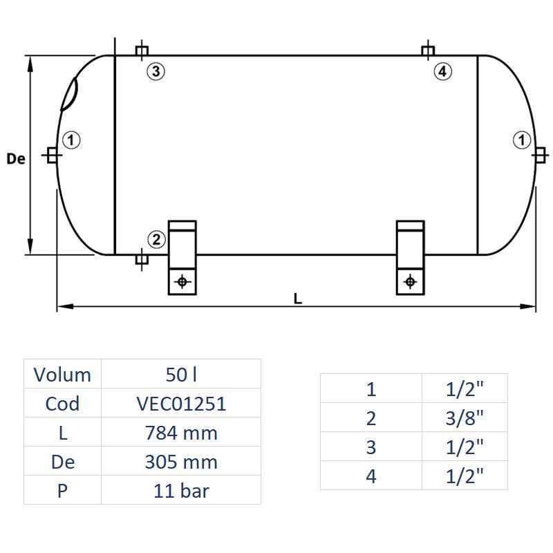 Rezervor de aer 50 l, orizontal, 11bar, vopsit, Made in Italy