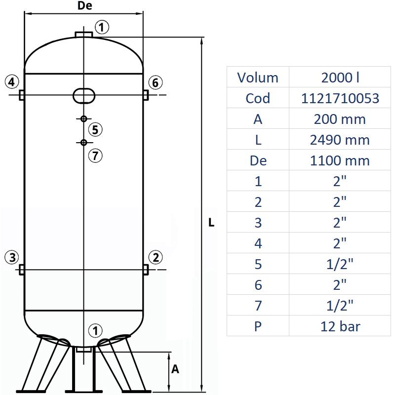 Rezervor de aer 2000 l, vertical, 12bar, vopsit, Made in Italy