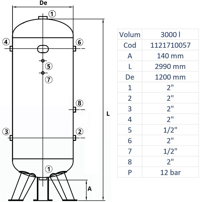 Rezervor de aer 3000 l, vertical, 12bar, vopsit, Made in Italy