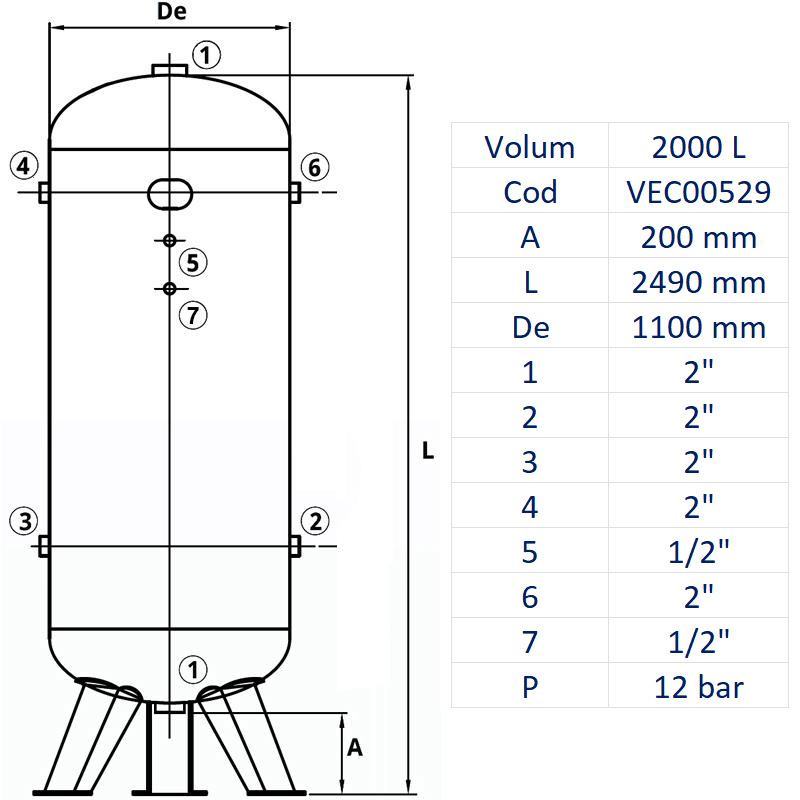 Rezervor de aer 2000 l, vertical, 12bar, zincat, Made in Italy