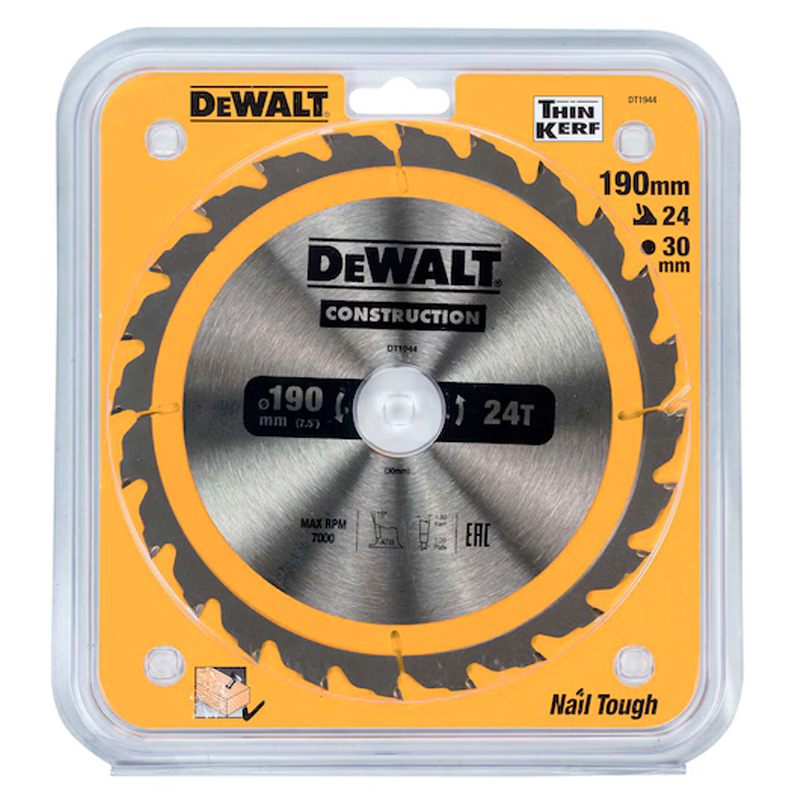 Disc (panza) Dewalt Construction pentru ferastrau circular, 190x30x1.8 mm, 24 dinti (taiere fina), pentru lemn, tip DT1944-QZ