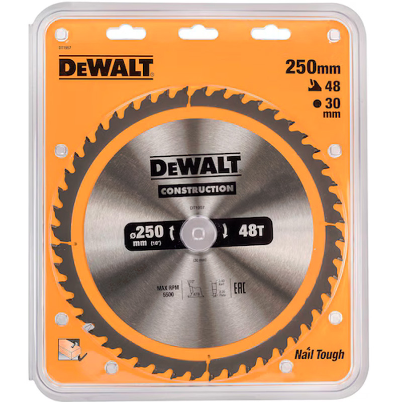 Disc (panza) Dewalt Construction pentru ferastrau circular, 250x30x3.0 mm, 48 dinti (taiere fina), pentru lemn, tip DT1957-QZ