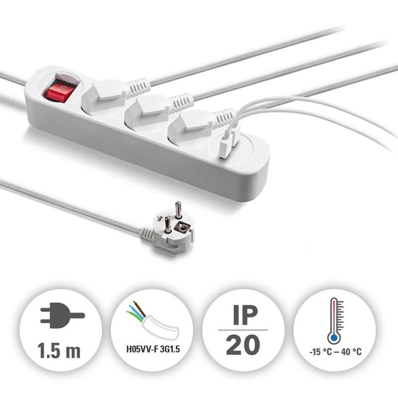 Prelungitor cu comutator, 3 prize + 2 USB, 3x1.5mm / 1.5m, 230V, Trotec, tip PVH3