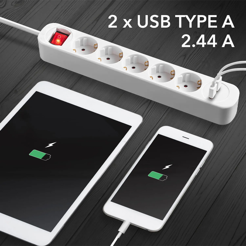 Prelungitor cu comutator, 5 prize + 2 USB, 3x1.5mm / 1.5m, 230V, Trotec, tip PVH5