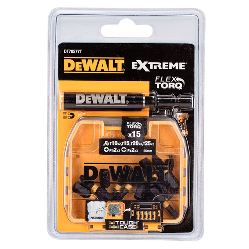 Set 16 accesorii pentru insurubare, 15 biti de impact EXTREME FLEXTORQ PH2, PZ2, T10-T25, 25 mm, cu prelungitor magnetic pentru biti, tip DT70577T-QZ