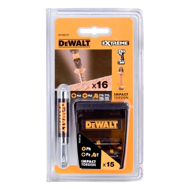 Set 16 accesorii pentru insurubare, 15 biti de impact EXTREME FLEXTORQ PH2, PZ2, T10-T25, 25 mm, cu prelungitor magnetic pentru biti, tip DT70577T-QZ