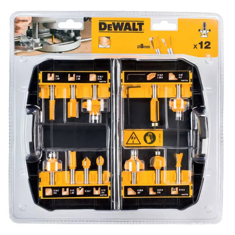 Set 12 freze pentru lemn DeWalt DT90016-QZ, in carcasa de plastic, ax  Ø 8.0 mm