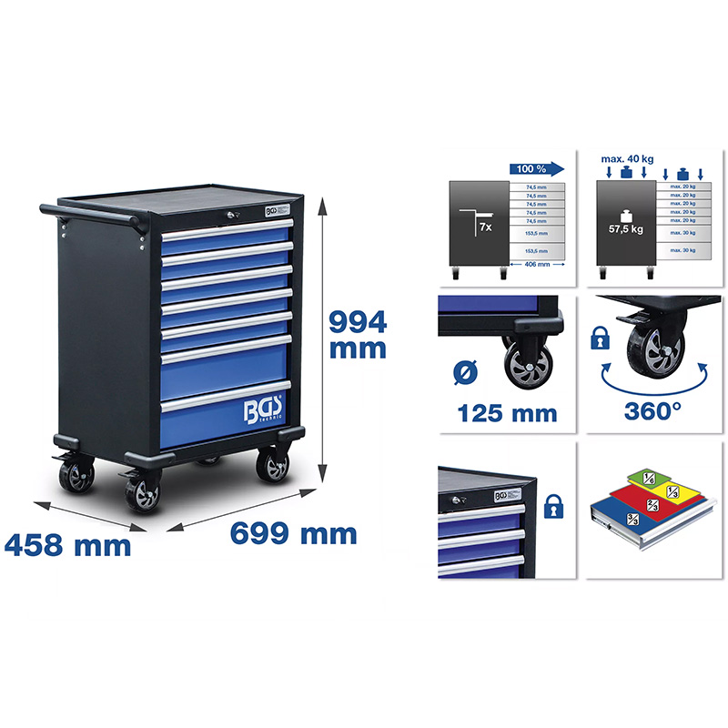 Carucior pentru scule, 7 sertare, 263 scule, BGS