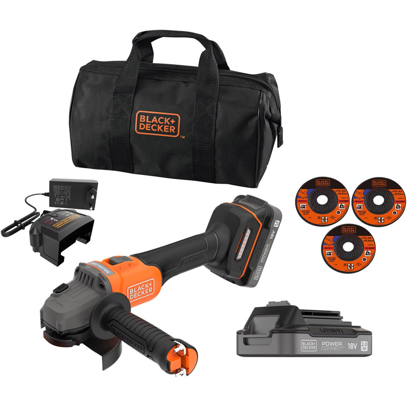 Polizor unghiular BLACK&DECKER, cu acumulatori 18V Li-Ion 2x 2.0Ah, 115mm, 7600rpm, tip BCG6L8D2S-QW