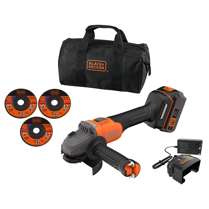 Polizor unghiular BLACK&DECKER, cu acumulatori 18V Li-Ion 1x 4.0Ah, 115mm, 7600rpm, tip BCG6L8F1S-QW