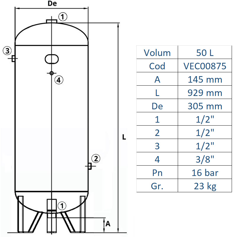 Rezervor de aer 50 l, vertical, 16bar, vopsit, Made in Italy