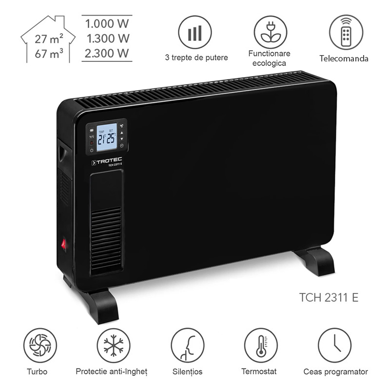 Convector electric TROTEC TCH 2311E Design Drept - 2300W, negru, cu telecomanda