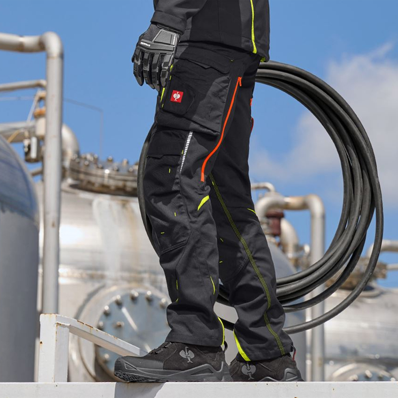Pantaloni de lucru ergonomici Strauss, e.s.motion 2020, negru-galben/portocaliu fosforescent, marimea 46