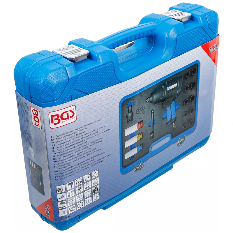 Set masina de insurubat cu impact pneumatica profesionala BGS, cu 16 accesorii, 1/2