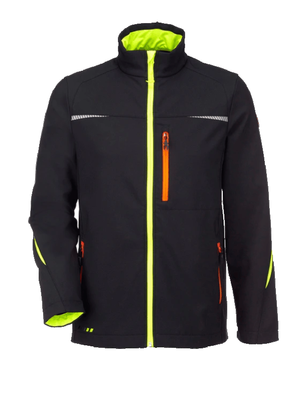 Geacă Softshell de lucru Strauss, e.s. motion 2020, negru-galben/portocaliu fosforescent, marimea L