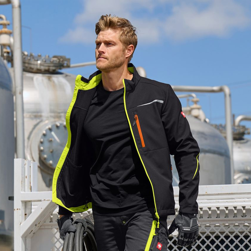 Geacă Softshell de lucru Strauss, e.s. motion 2020, negru-galben/portocaliu fosforescent, marimea 2XL