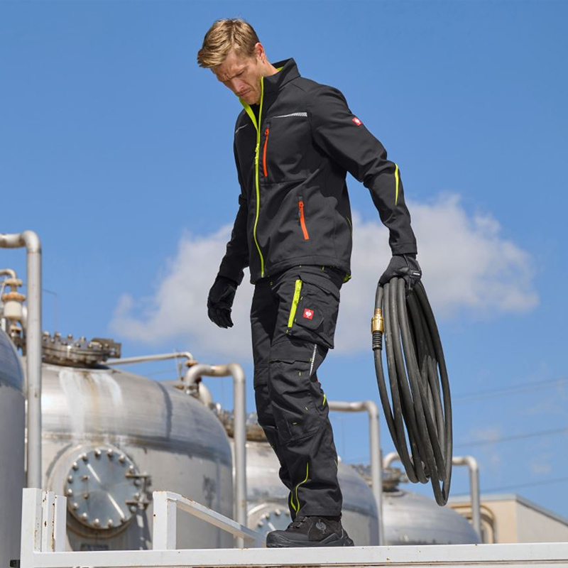 Geacă Softshell de lucru Strauss, e.s. motion 2020, negru-galben/portocaliu fosforescent, marimea 2XL