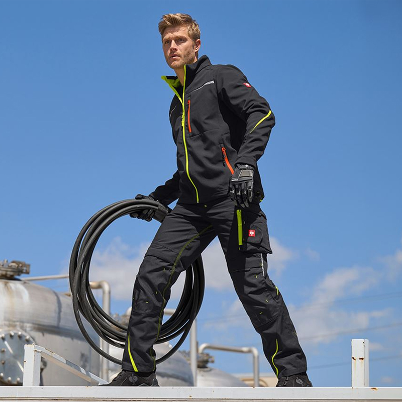 Geacă Softshell de lucru Strauss, e.s. motion 2020, negru-galben/portocaliu fosforescent, marimea 2XL