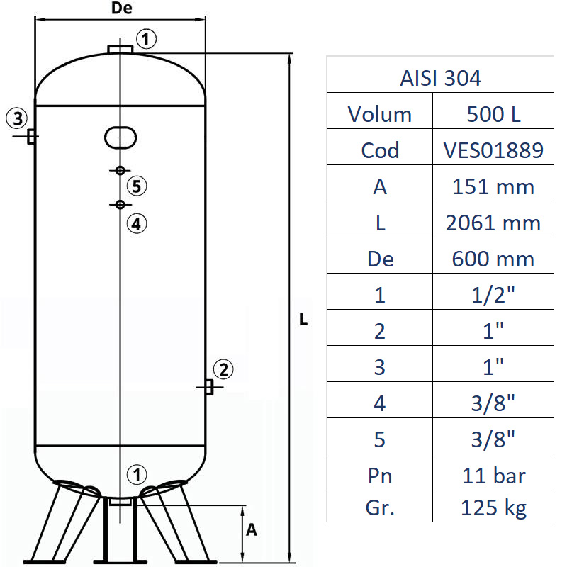 Rezervor de aer 500 l, vertical, 11bar, INOX AISI304, Made in Italy