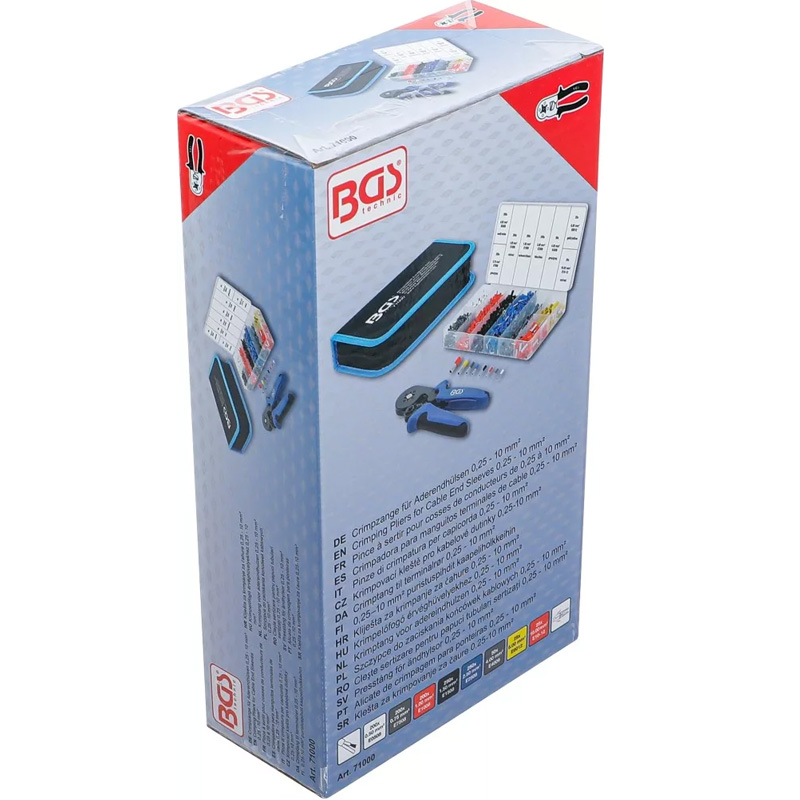 Clește de sertizat ferule BGS 71000, pentru papuci tubulari 0.25 - 10 mm², cu set 1200 ferule 0.5 - 10 mm²