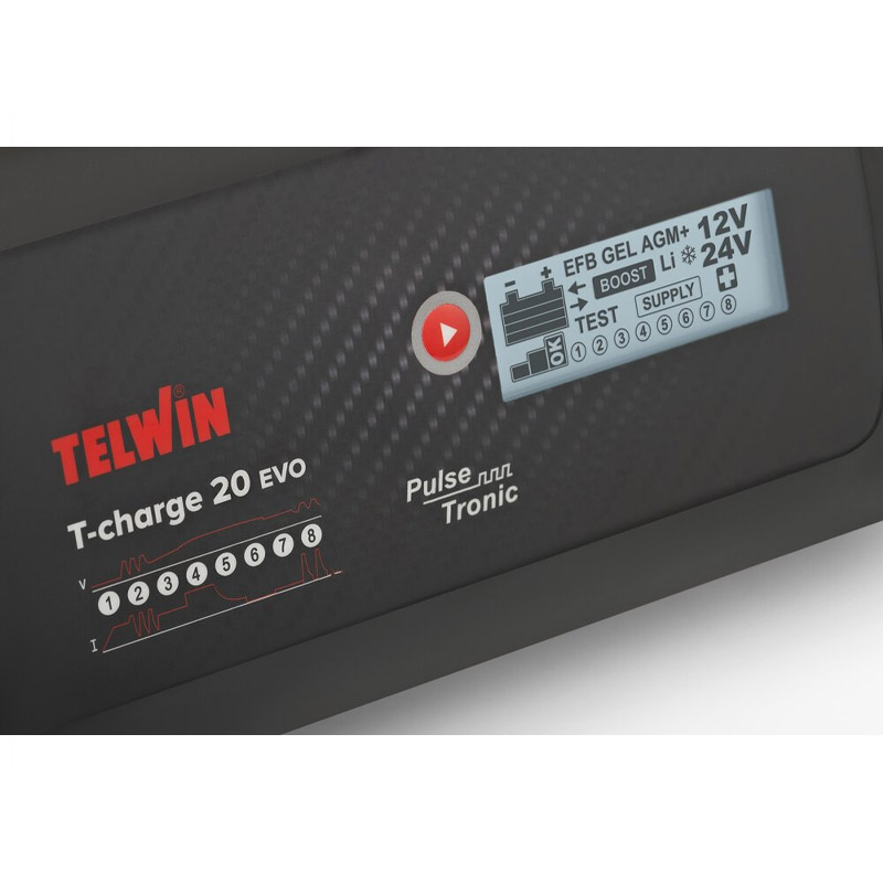 Redresor auto 12-24V Telwin T-CHARGE 20 EVO, pentru baterii WET, GEL, AGM, MF, PbCa, EFB, disp;ay LED, cu functie de mentinere