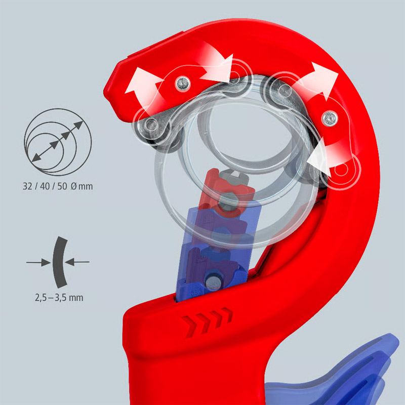 Dispozitiv pentru taiat tevi din plastic KNIPEX DPT50, diametru max.de taiere Ø50 mm, taiere dintr-un pas