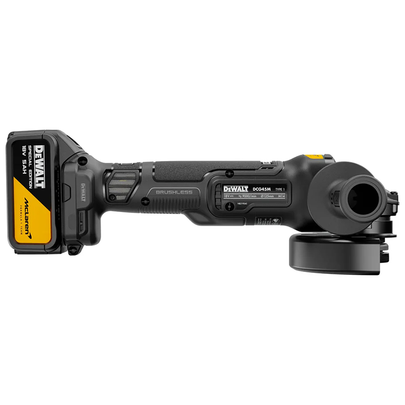 Polizor unghiular DeWALT McLaren F1 Team, 125mm, 18V, 2x5.0Ah, 9000rpm, incarcator, cutie T-STAK, tip DCG45MP2T-QW