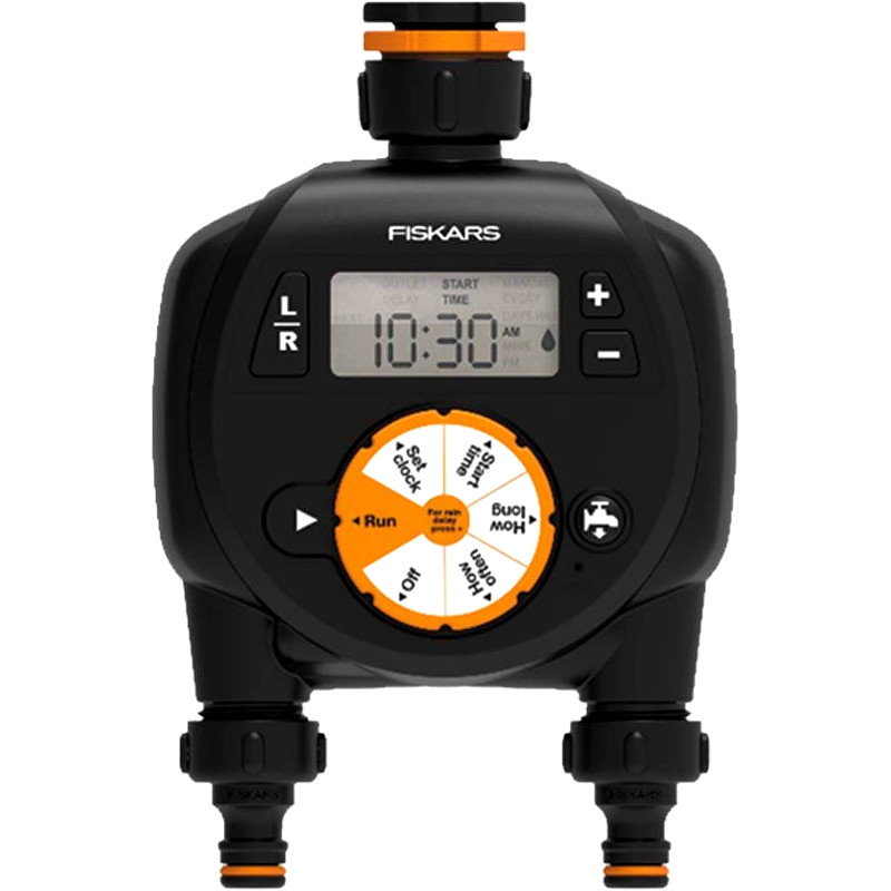 Programator electronic, cu montaj direct pe robinet/furtun, Fiskars Watering Timer, cu doua circuite/iesiri