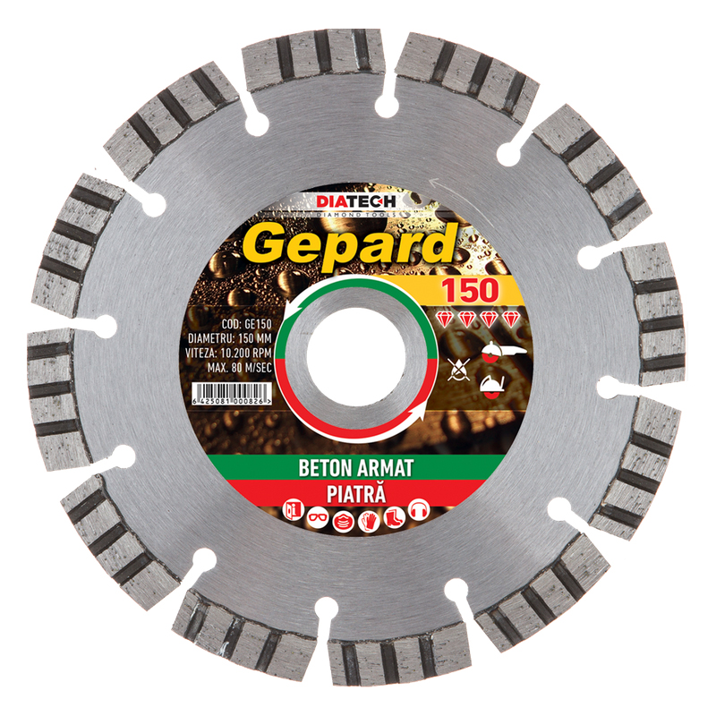 Disc diamantat GEPARD, pentru beton armat/piatra, 150x22.23 mm