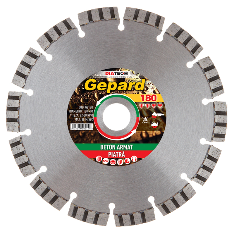 Disc diamantat GEPARD, pentru beton armat/piatra, 180x22.23 mm