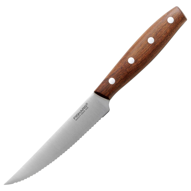 Cutit pentru tomante, Fiskars, Norr, lama inoxidabila, maner lemn Kebony, 11.8 cm