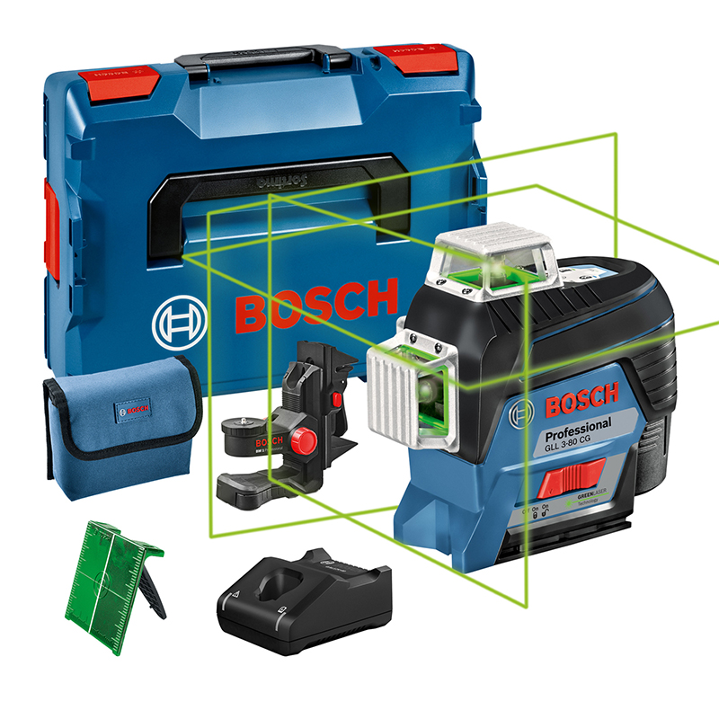 Nivela laser cu linii Bosch, tip GLL 3-80 CG cu suport BM1, acumulator 12V, 2Ah, incarcator si L-BOXX