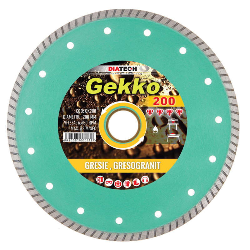 Disc diamantat GEKKO pentru gresie, fainta, granit, 200x25.4 mm