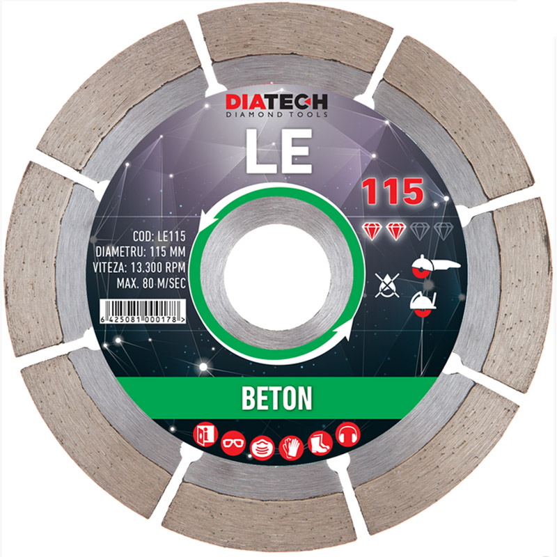 Disc diamantat Diatech LE115 - 115x22.2x10 mm, segmentat, pentru materiale de constructie si beton