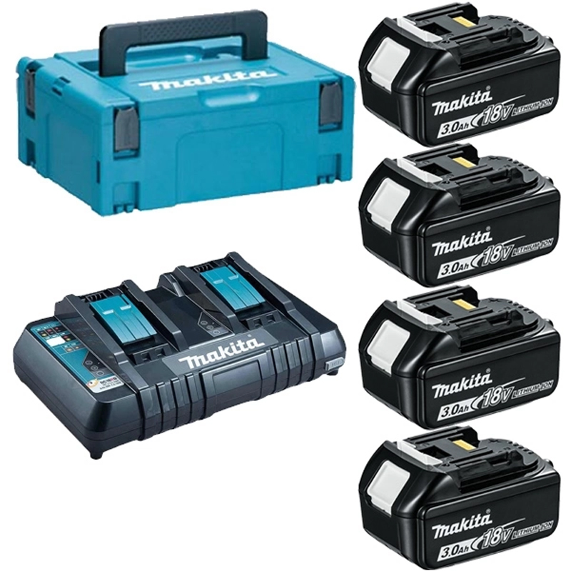 Pachet 4 acumulatori 18V / 3Ah si incarcator dual rapid DC18RD, Makita