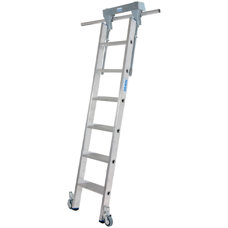 Scara pentru rafturi cu mecanism de rulare superior pentru sina din teava tubulara, 6 trepte, inaltime maxima de lucru 2.7m Scara pentru rafturi cu mecanism de rulare superior pentru sina din teava tubulara, 6 trepte, inaltime maxima de lucru 2.7m