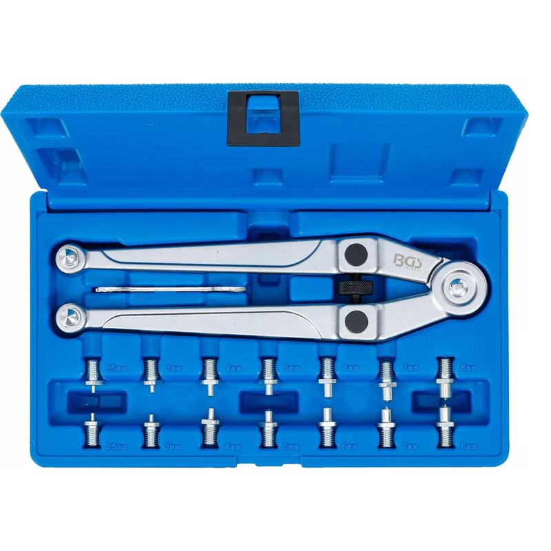 Set cheie cu doi pini si 4 bacuri ajustabila BGS + 8 perechi de pini 2.5-3-4-5-6-7-8-9 mm, max. 102 mm