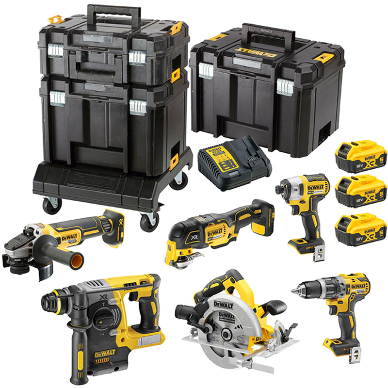 Set 6 scule DeWalt DCK685P3T-QW, 18V: DCD796, DCF887, DCS355, DCS570, DCH273, DCG405, 3 x acumulatori 5Ah, incarcator DCB132, TSTAK II + TSTAK VI