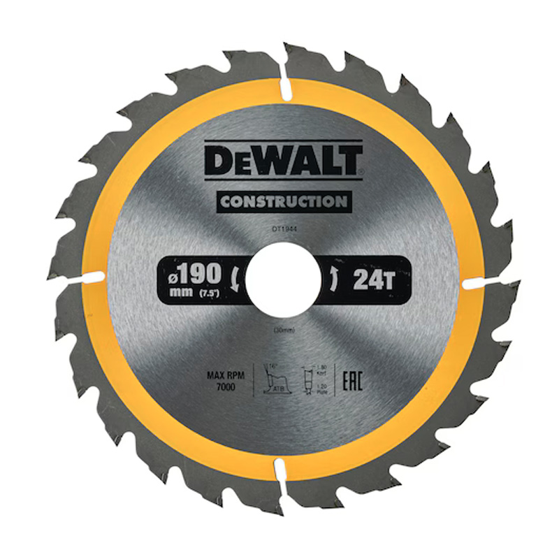 Disc (panza) Dewalt Construction pentru ferastrau circular, 190x30x1.8 mm, 24 dinti (taiere fina), pentru lemn, tip DT1944-QZ