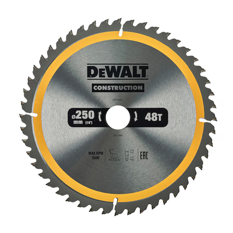 Disc (panza) Dewalt Construction pentru ferastrau circular, 250x30x3.0 mm, 48 dinti (taiere fina), pentru lemn, tip DT1957-QZ