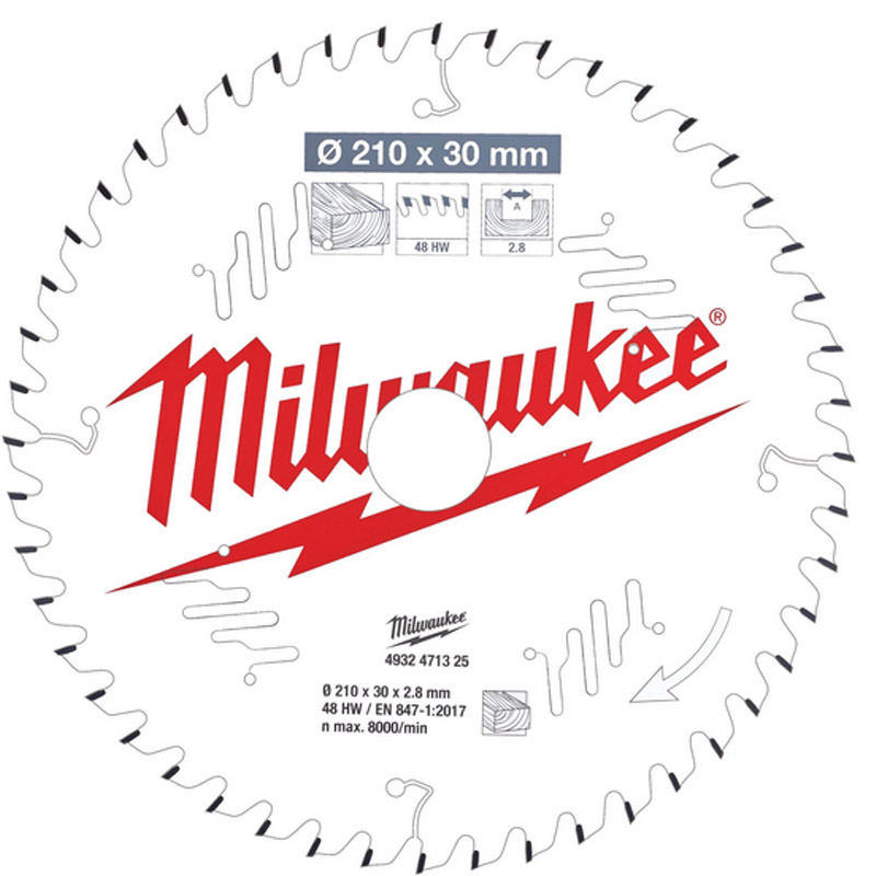 Panza circular de mana, pentru lemn, 210x30x2.8x48ATB, 10°, Milwaukee CSB P W