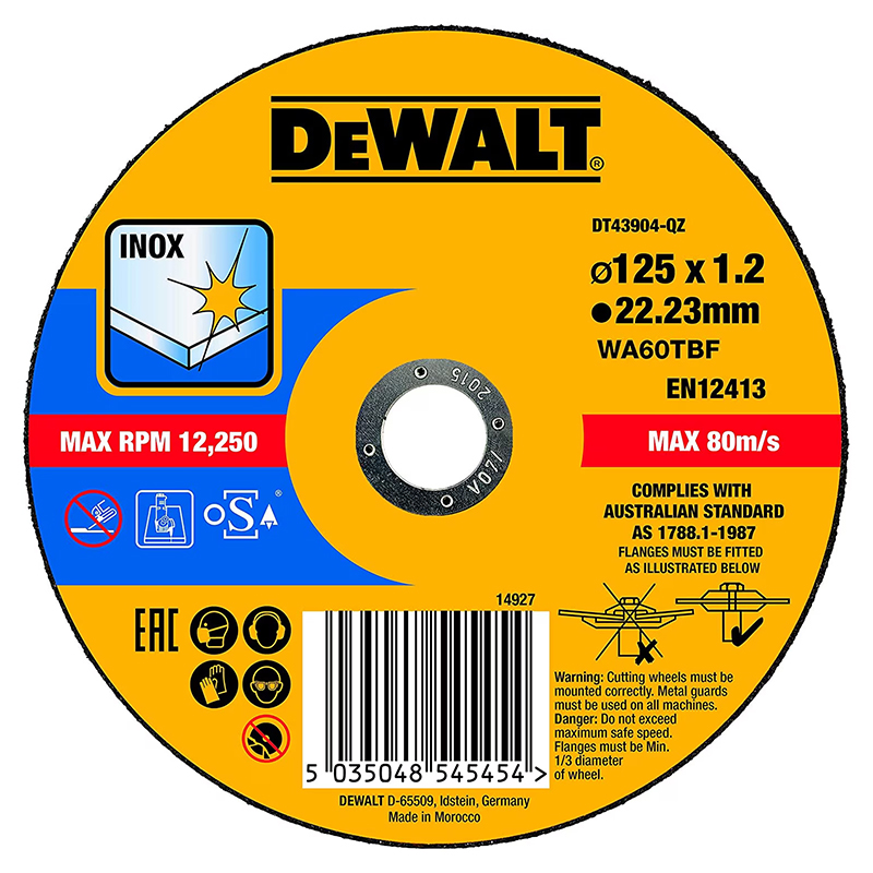 Disc taiere INOX, drept, 125x22.2x1.2 mm, DeWalt, tip DT43904-QZ