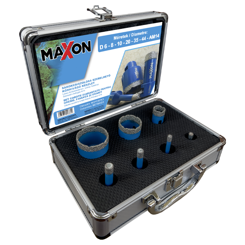 Set 6 carote diamantate MAXON pentru gresie, faianta, granit, 6, 8, 10, 20, 35, 44mm, prindere M14 si adaptor pentru carote pentru masinile de gaurit AM14, DIATECH