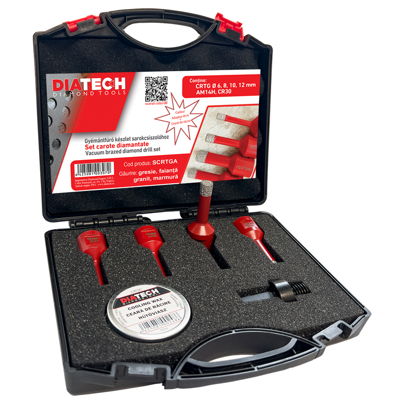 Set 4 carote diamantate MAXON pentru gresie, faianta, granit, 6, 8, 10, 12mm, prindere M14, ceara de racire si adaptor pentru carote pentru masinile de gaurit AM14H, DIATECH