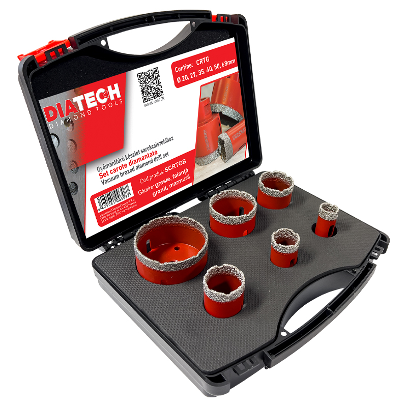 Set 6 carote diamantate MAXON pentru gresie, faianta, granit, 20, 27, 35, 40, 50, 68mm, prindere M14, ceara de racire si adaptor pentru carote pentru masinile de gaurit AM14, DIATECH